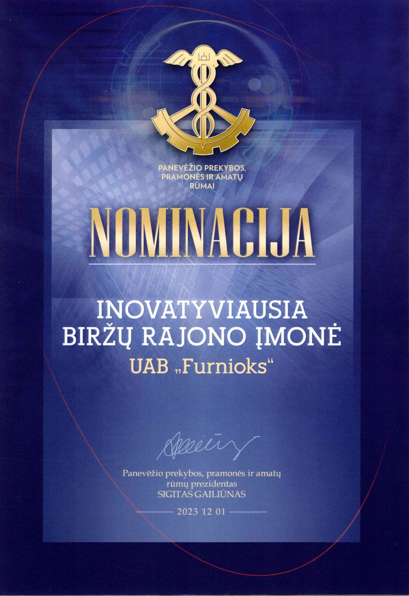 Chamber of Commerce Award 2023 diploma — Most Innovative Company in Biržai District, awarded to FurniOx by Panevėžys Chamber of Commerce, Industry and Crafts